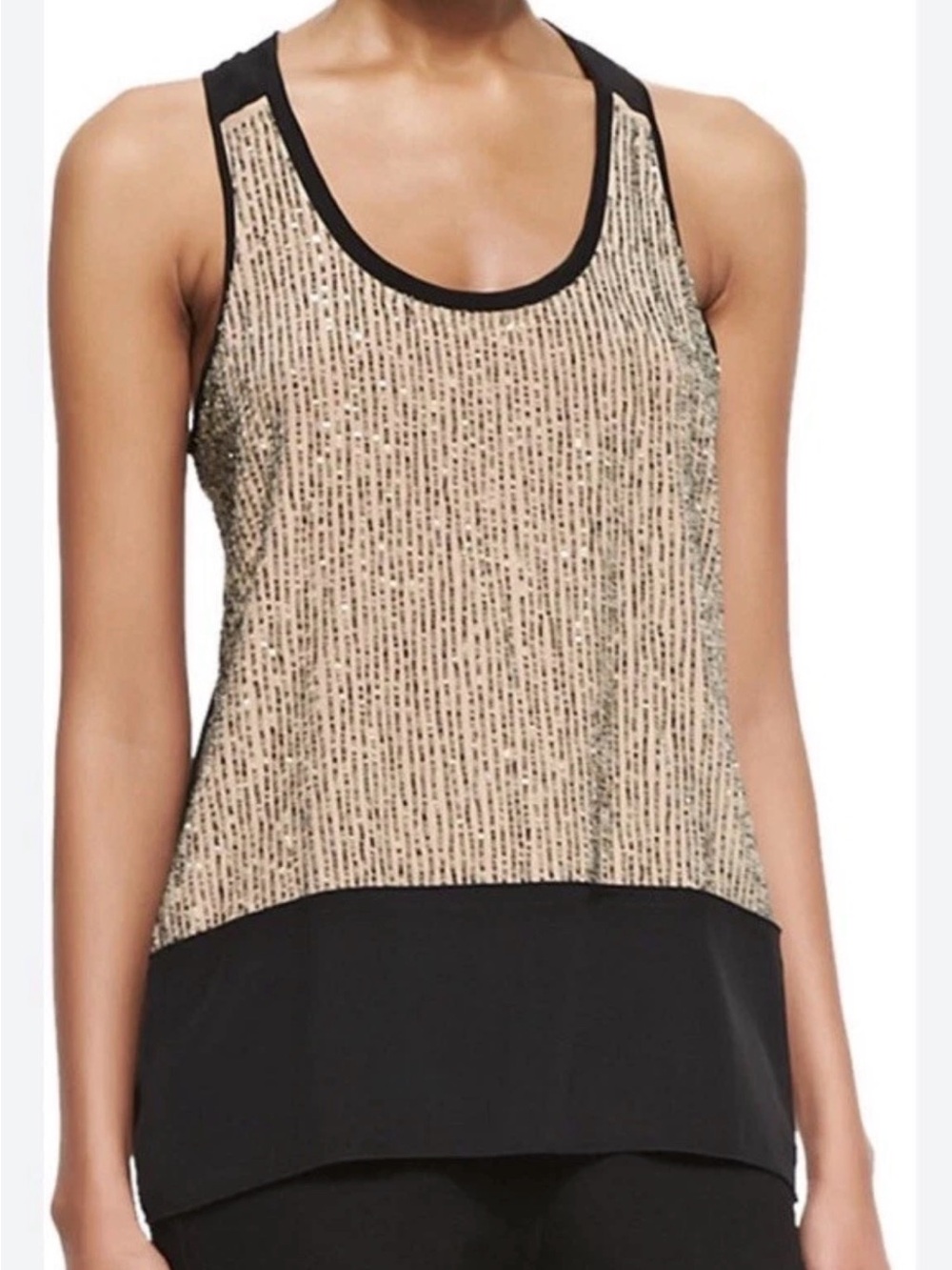 Eileen Fisher Sequined Rivulet Silk Crepe de Chine Tank Top Black Beige L